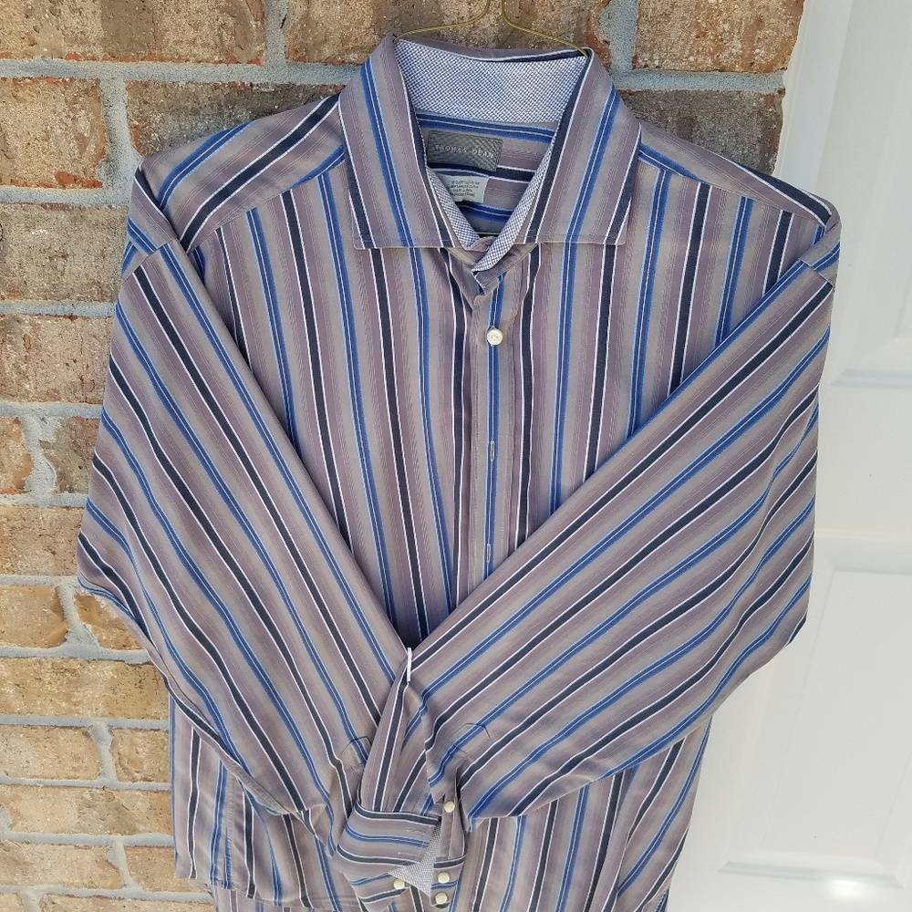 Thomas Dean button up grey with blue stripes